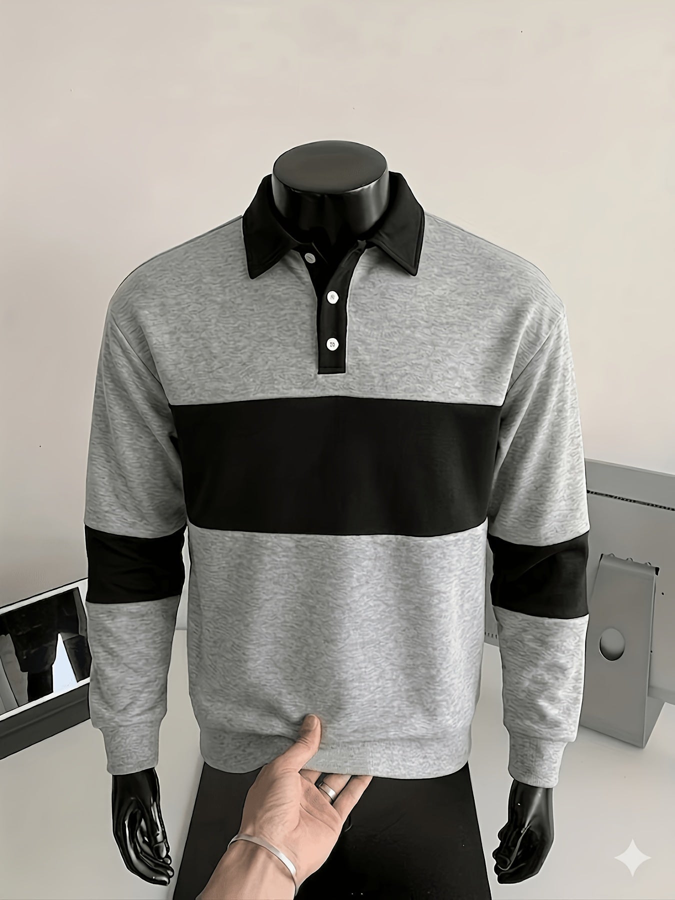 Polo à manches longues homme bicolore rayé col noir