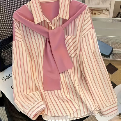 Chemise rayée femme à manches longues avec fausse écharpe nouée devant