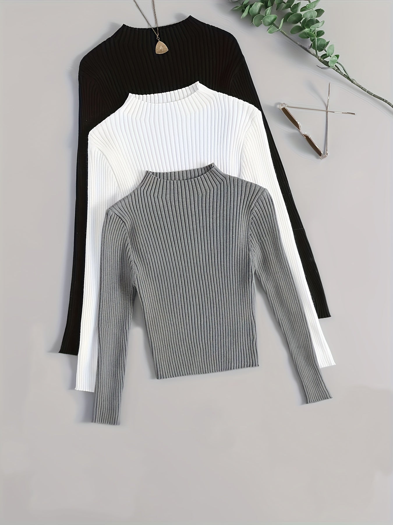Pull côtelé à col montant pour femme, manches longues