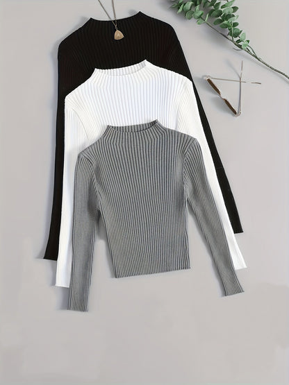 Pull côtelé à col montant pour femme, manches longues