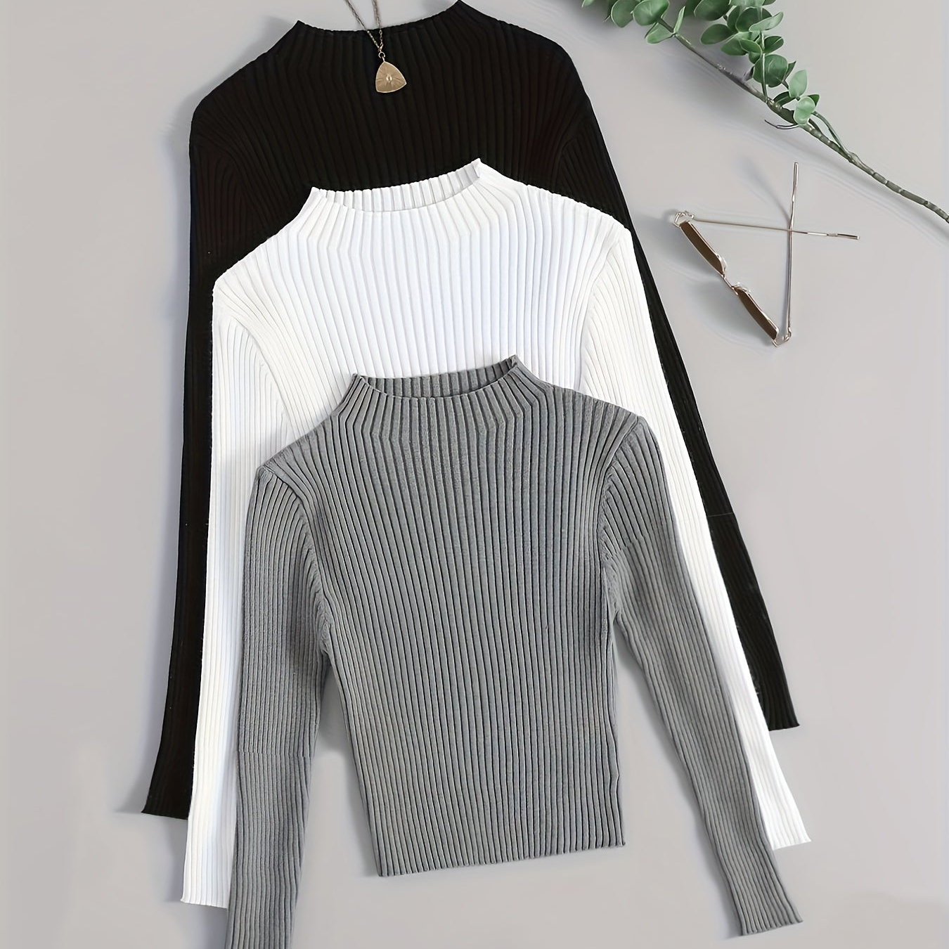 Pull côtelé à col montant pour femme, manches longues