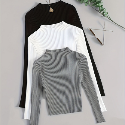 Pull côtelé à col montant pour femme, manches longues