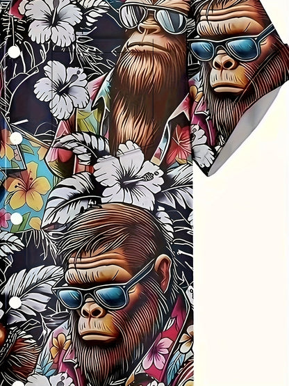Hawaiihemd für Herren mit tropischem Gorilla-Print, lässiger Sommerstil  
