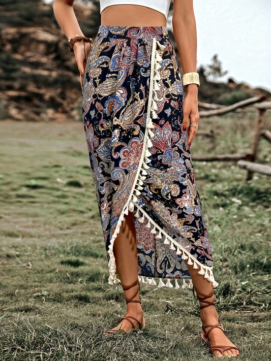 Boheemse portefeuille rok voor dames, midi stijl met paisley print en pompondetails voor zomer en vakantie