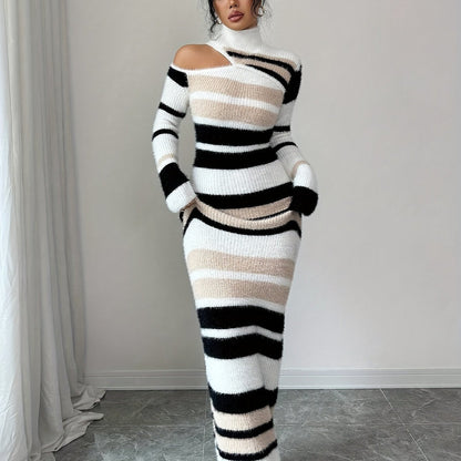 Robe longue moulante à col montant rayée Noir Crème Beige Femme