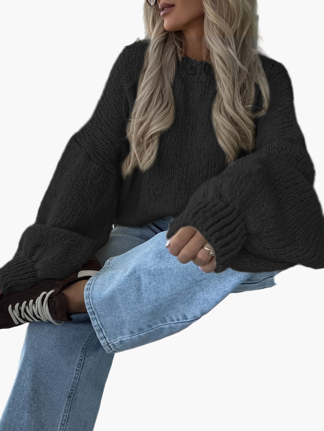 Jersey casual mujer mangas abullonadas estilo urbano otoño invierno