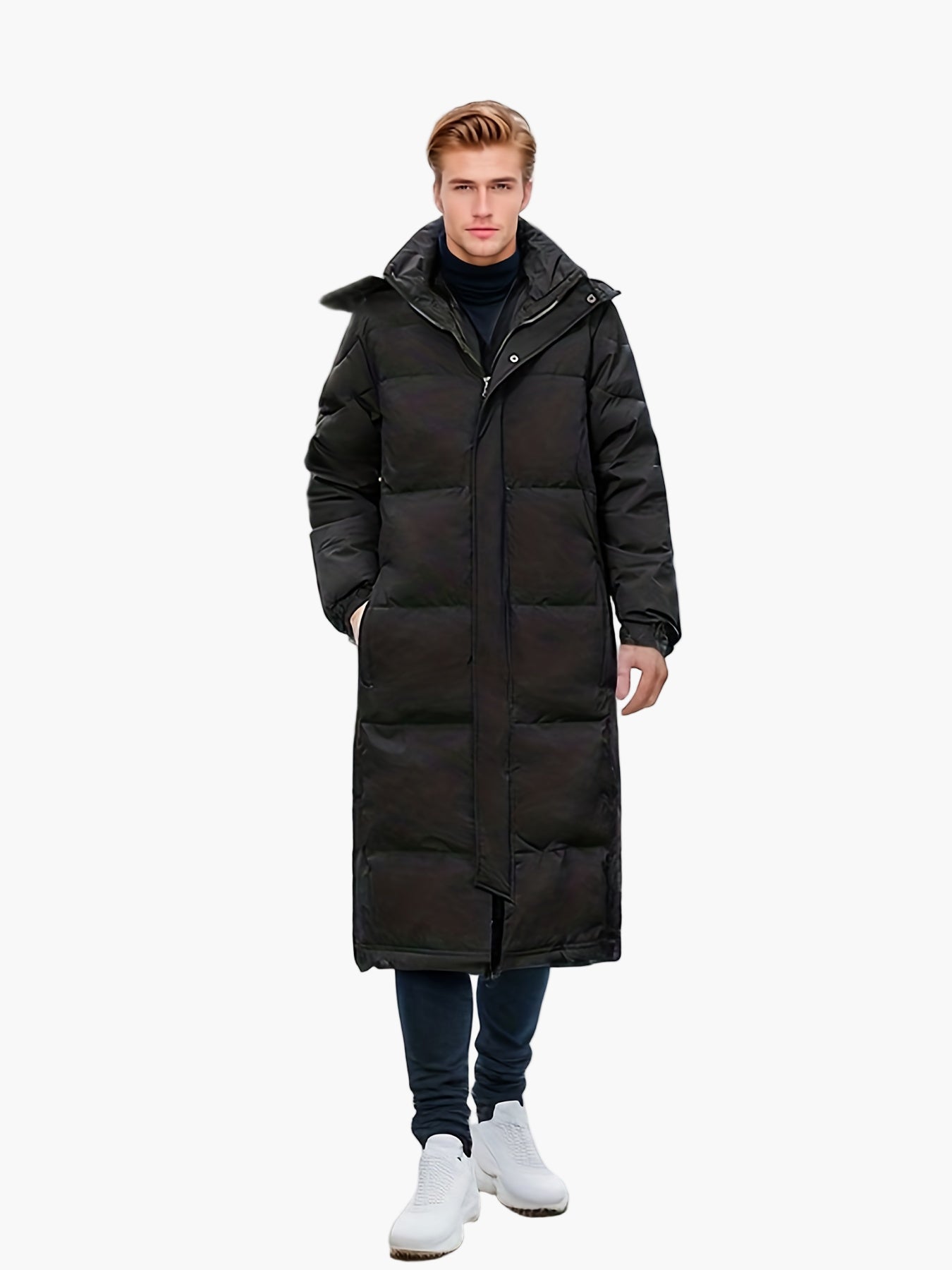 Herr lång dunjacka med huva i urban stil för en avslappnad vinter