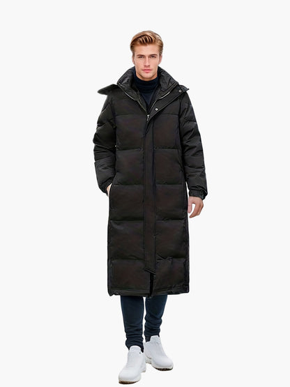 Herr lång dunjacka med huva i urban stil för en avslappnad vinter