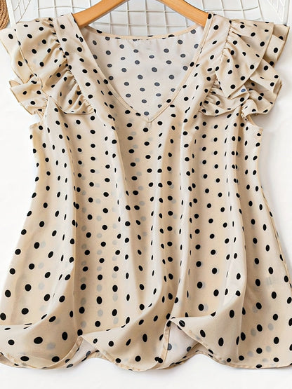 Women's polka dot blouse with elegant style, ruffled sleeves, V-neck for office and outings