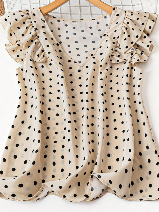 Women's polka dot blouse with elegant style, ruffled sleeves, V-neck for office and outings