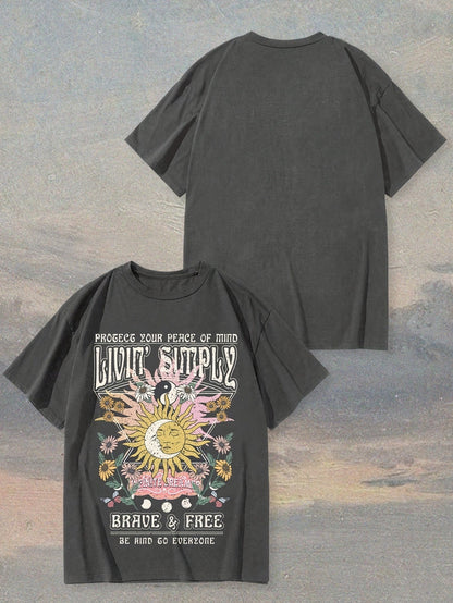 T-shirt femme style bohème graphique « Live Simply » imprimé soleil et lune, manche courte, casual