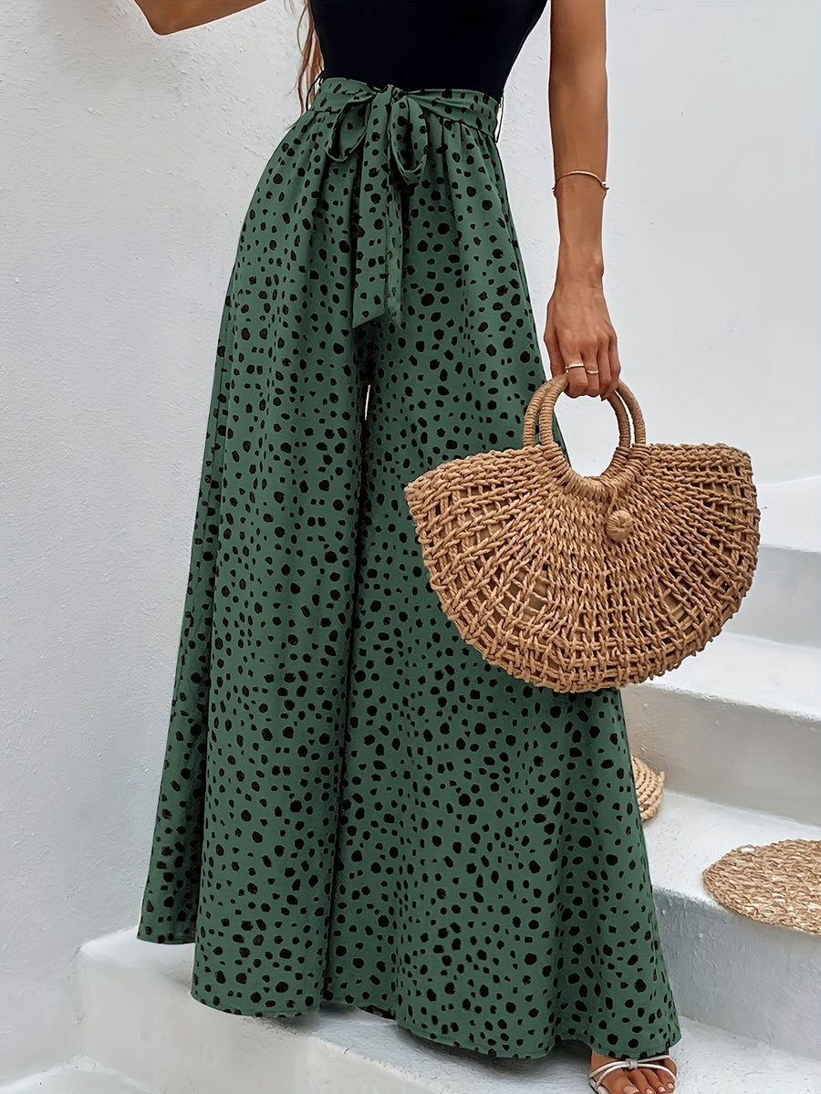 Weite Damenhose mit Punkten, eleganter Stil für Frühling/Sommer mit gebundenem Gürtel  