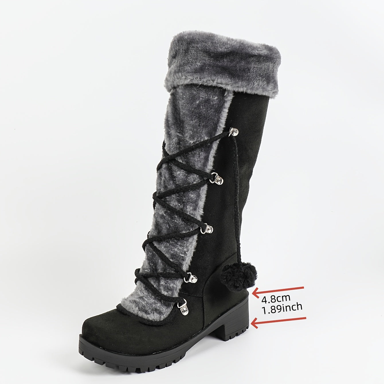 Bottes Femme Noires Mi-Mollet Effet Daim avec Doublure Fourrure Grise et Lacets Décoratifs