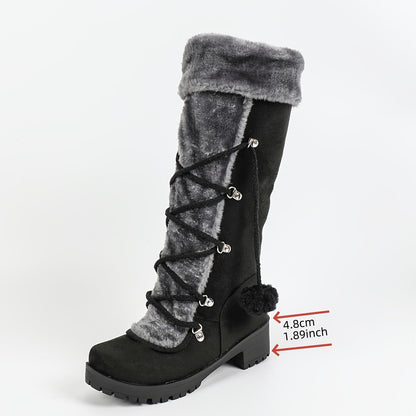 Bottes Femme Noires Mi-Mollet Effet Daim avec Doublure Fourrure Grise et Lacets Décoratifs