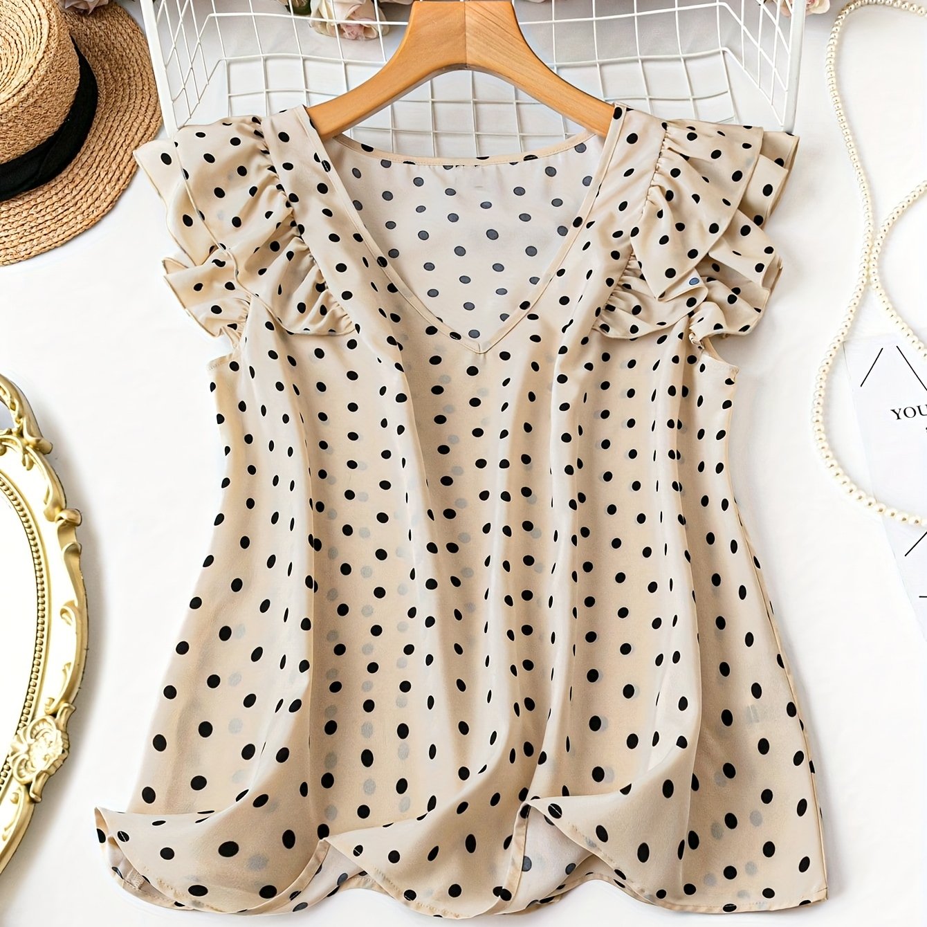 Women's polka dot blouse with elegant style, ruffled sleeves, V-neck for office and outings