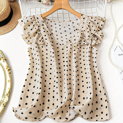 Women's polka dot blouse with elegant style, ruffled sleeves, V-neck for office and outings