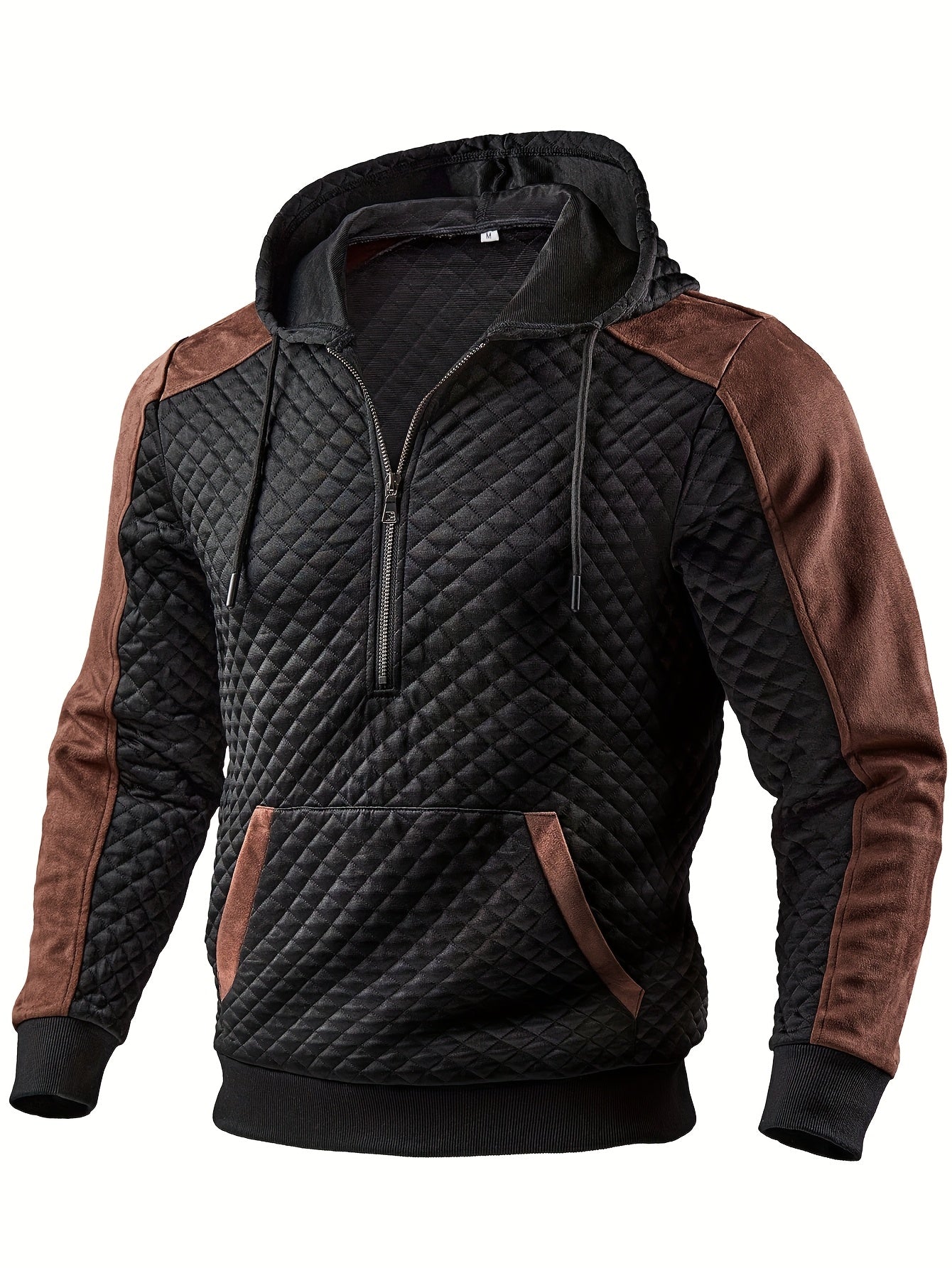 Sweat à Capuche Homme matelassé Noir Marron à Demi-Zip