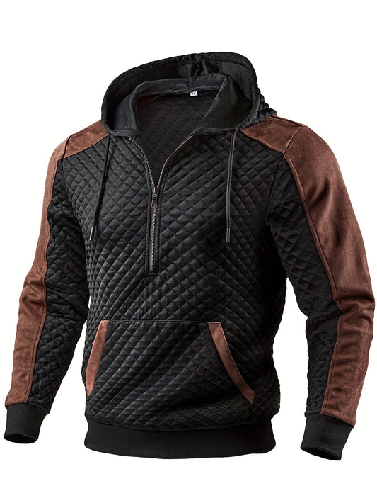 Sweat à Capuche Homme matelassé Noir Marron à Demi-Zip