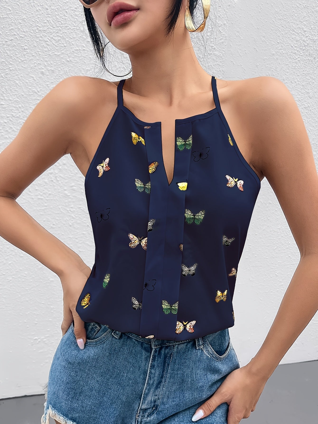 Top femme élégant style débardeur à imprimé papillons pour l'été