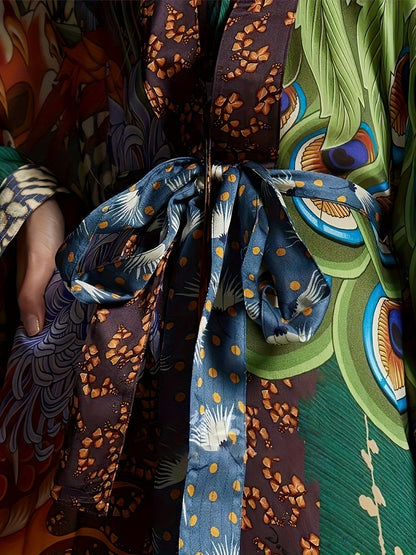Długa sukienka kimono kaftan damski w stylu orientalnym z artystycznym nadrukiem na wieczór lub wakacje