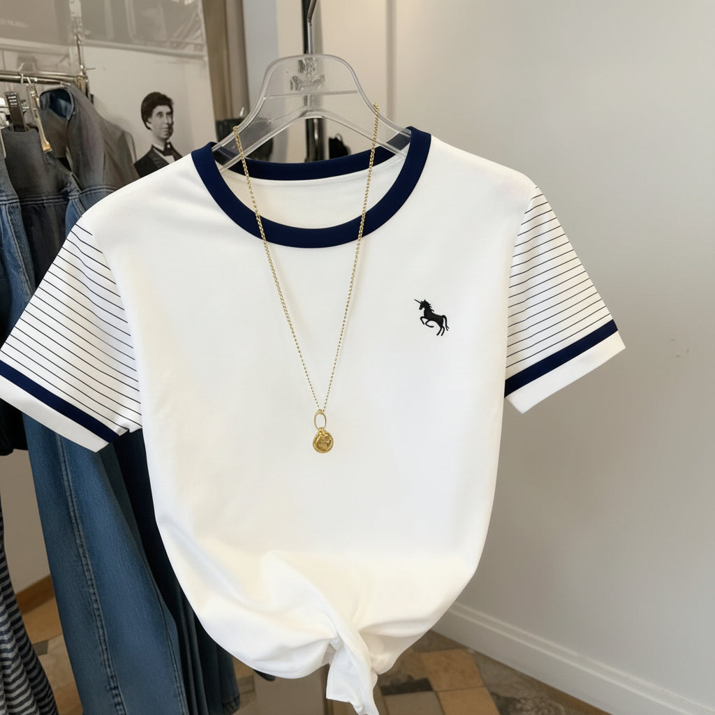 Dames T-shirt met eenhoornprint, moderne stijl, contrasterende kraag, gestreepte mouw
