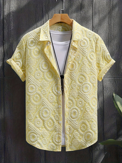 Camicia da uomo stile resort a maniche corte, motivo medaglione testurizzato, ideale per vacanze e uscite estive