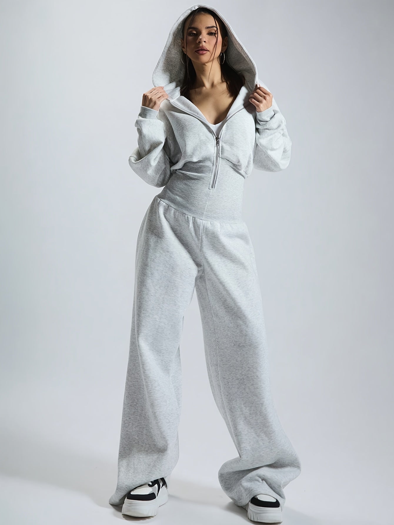 Combinaison pantalon femme à capuche, ample, taille marquée, fermeture éclair, couleurs variées