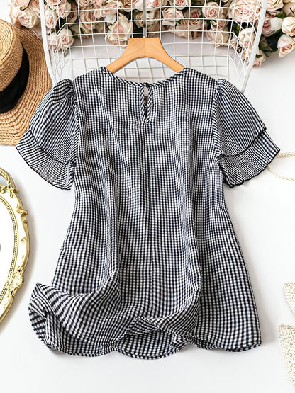 Elegant style feminine polka dot blouse with short sleeves and round neck for summer