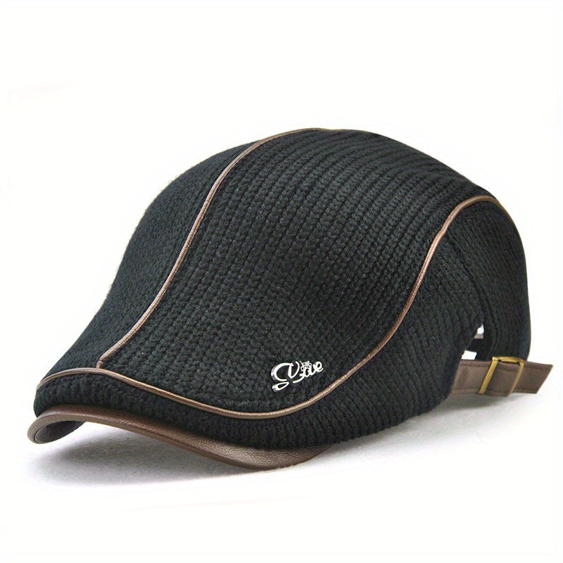 Casquette béret plate tricotée homme avec bordure effet cuir