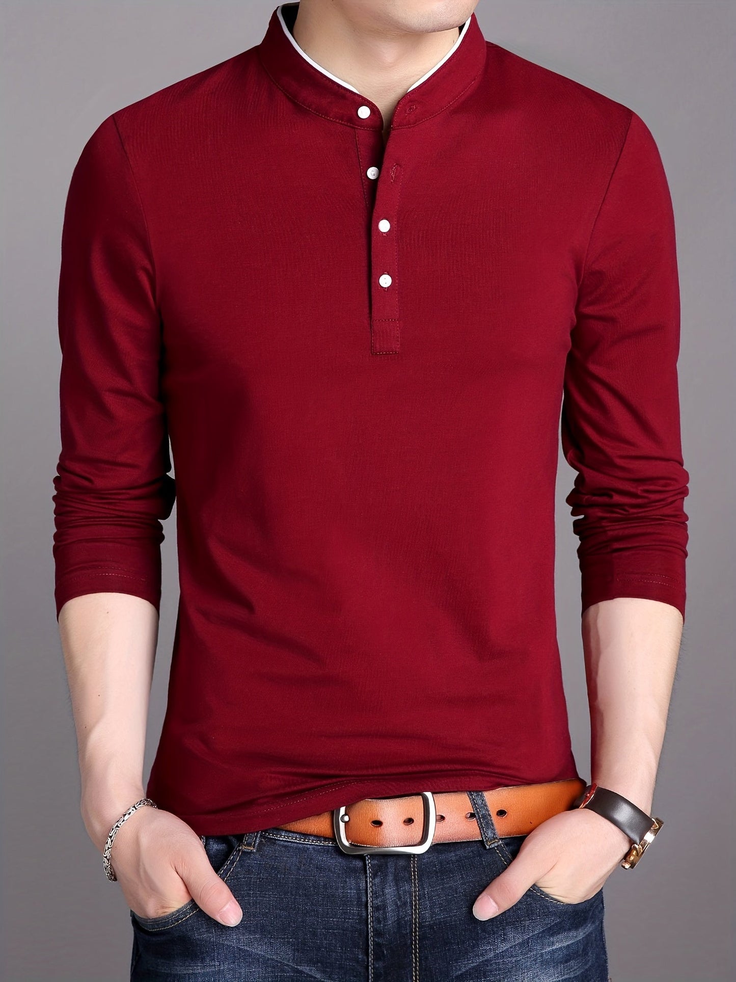 T-shirt Polo Homme Manches Longues Col Mao Rouge Bordeaux
