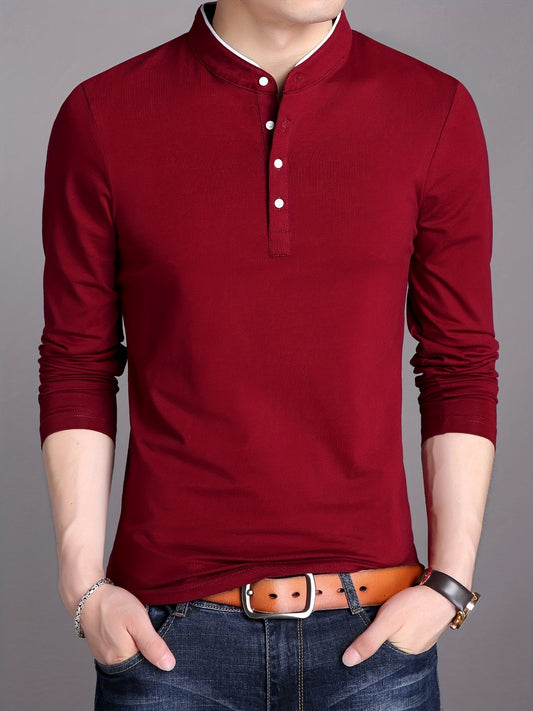 T-shirt Polo Homme Manches Longues Col Mao Rouge Bordeaux