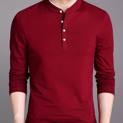 T-shirt Polo Homme Manches Longues Col Mao Rouge Bordeaux