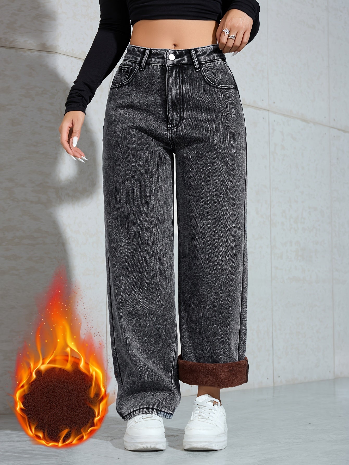 Jean large délavé femme doublé marron taille haute