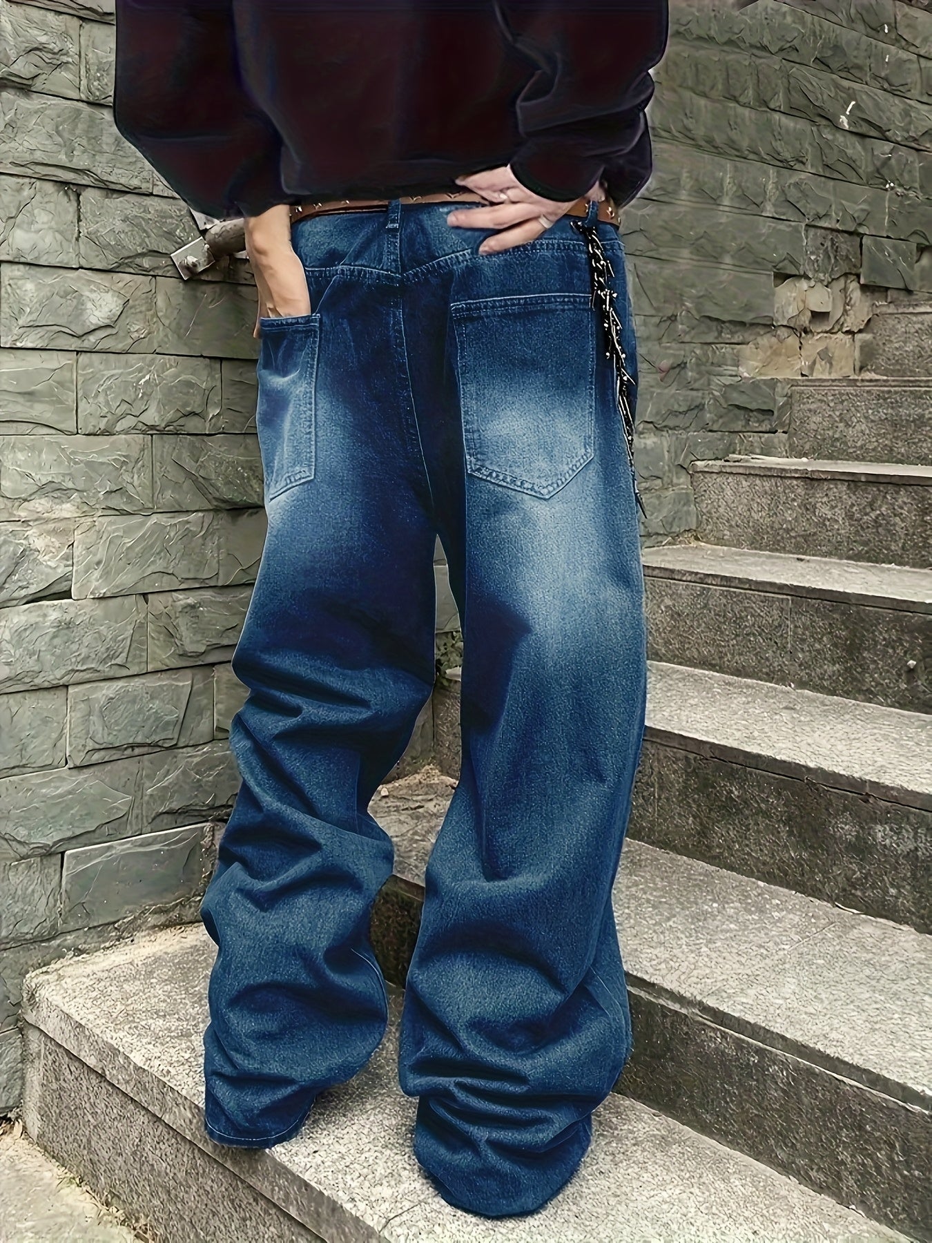 Jean large délavé coupe baggy bleu foncé style urbain unisexe