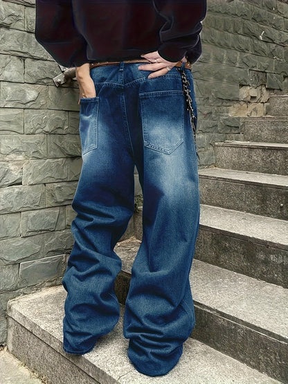 Jean large délavé coupe baggy bleu foncé style urbain unisexe