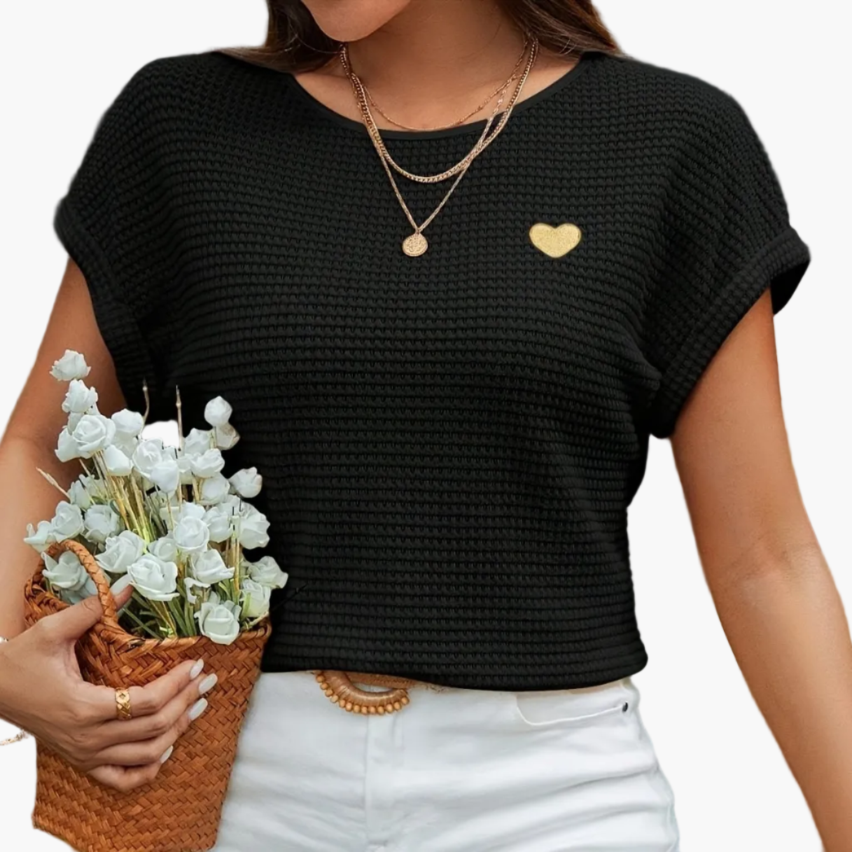 Elegant top til kvinder med hjerteprint til sommer, korte ærmer, til afslappet eller smart brug