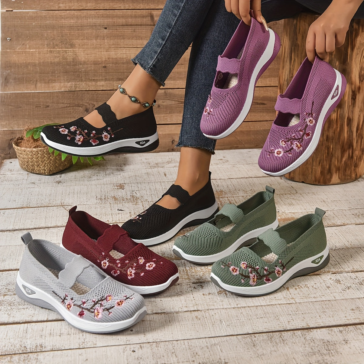 Chaussures décontractées femme confort avec broderie florale et bride élastique – Style marche et loisirs