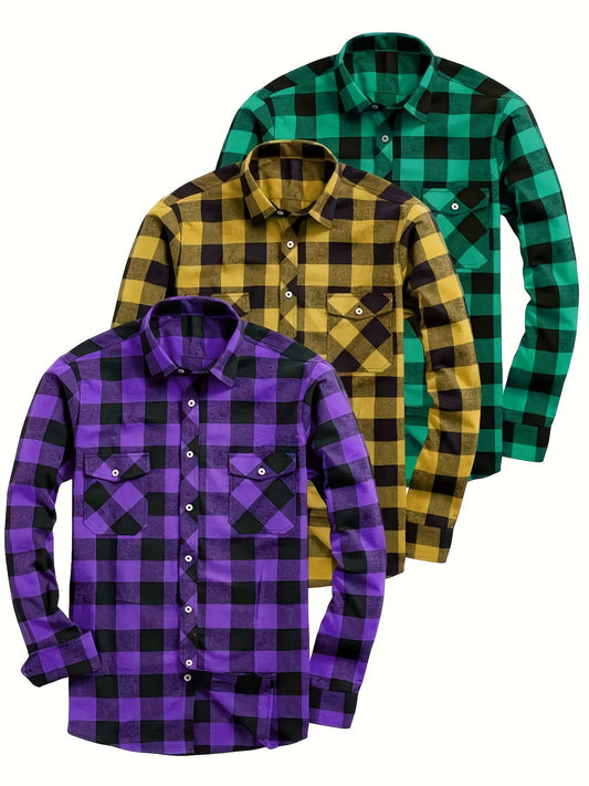 Chemise à Carreaux Homme Manches Longues à Col Classique et Poches Poitrine Couleurs Variées