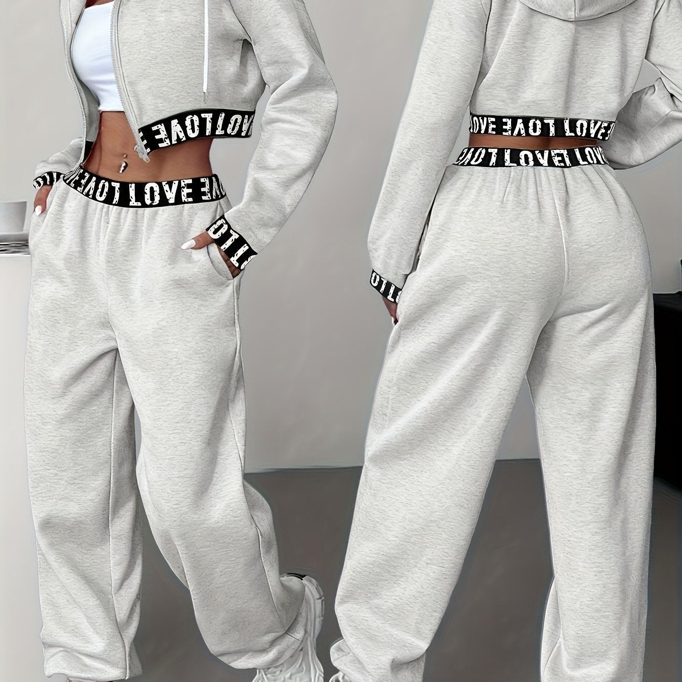 Ensemble survêtement femme crop top à capuche et pantalon large couleur unie
