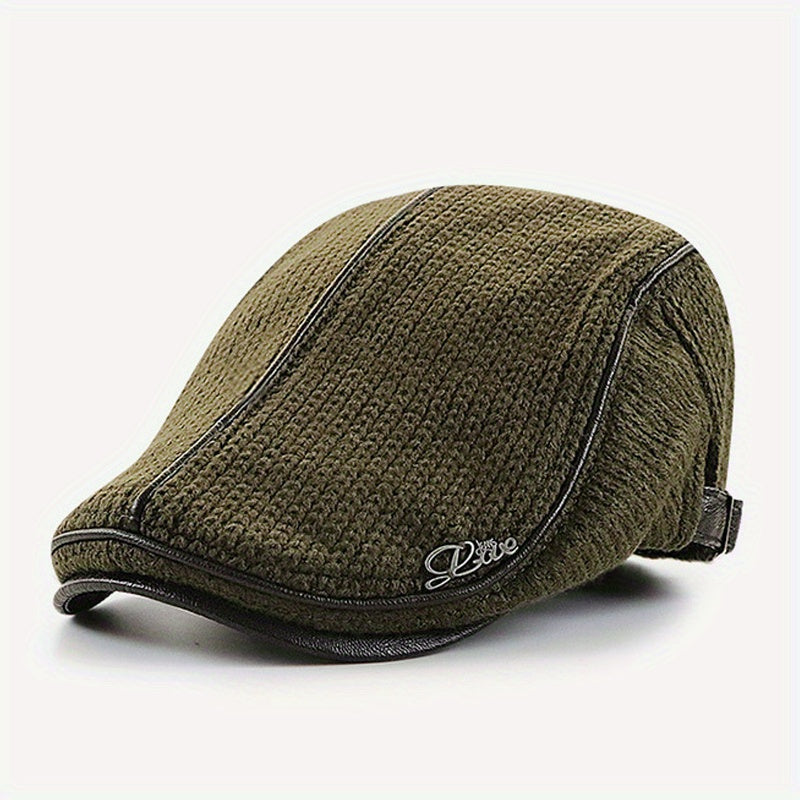 Casquette béret plate tricotée homme avec bordure effet cuir
