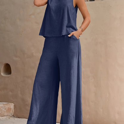 Ensemble décontracté femme – Pantalon large et haut sans manches, style élégant pour l'été
