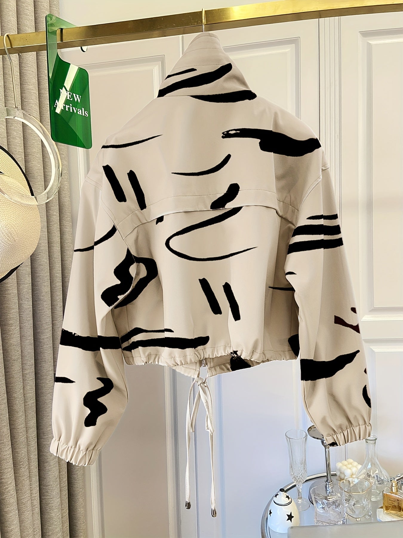 Veste courte à motif floral et abstrait pour femme avec col montant et cordon de serrage