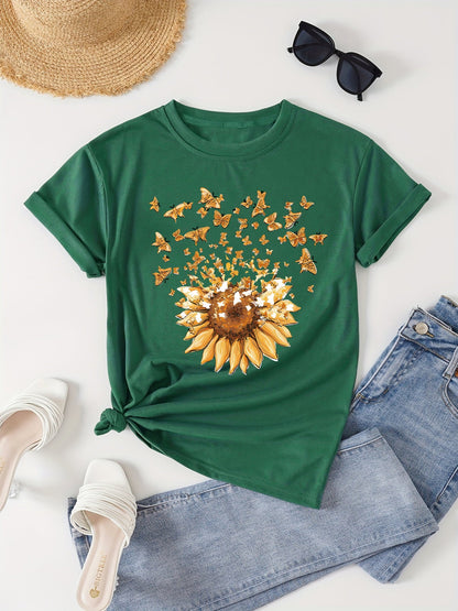T-shirt femme style casual motif tournesol et papillons, imprimé tendance pour le printemps-été