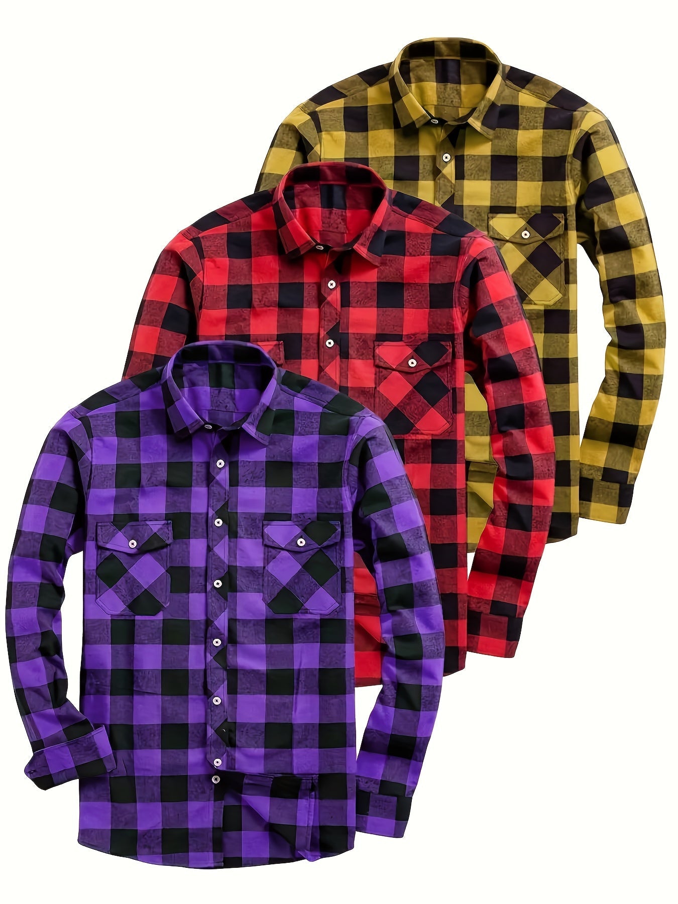 Chemise à Carreaux Homme Manches Longues à Col Classique et Poches Poitrine Couleurs Variées
