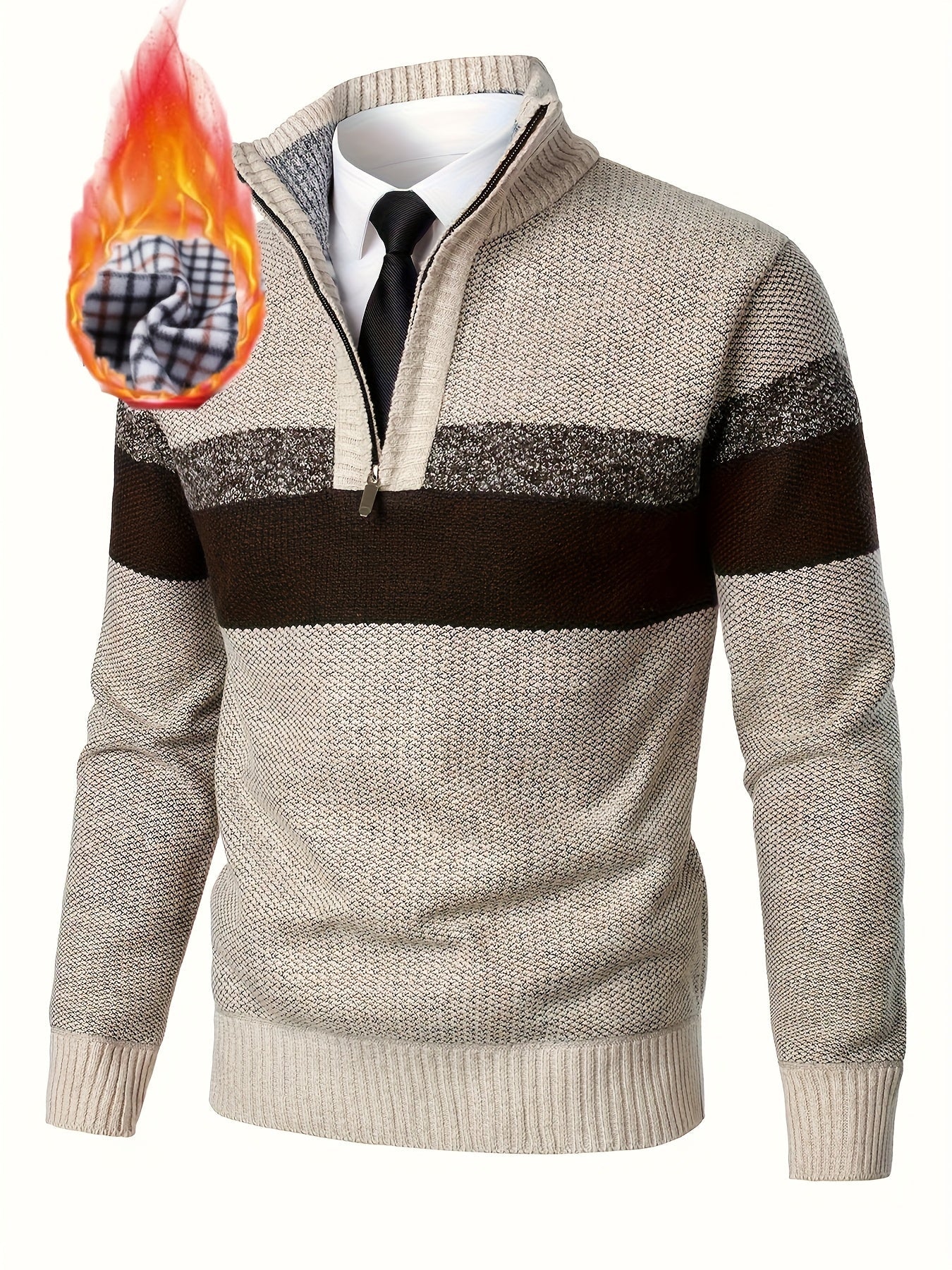 Pull homme tricoté à rayures, col montant zippé, doublure polaire beige et marron