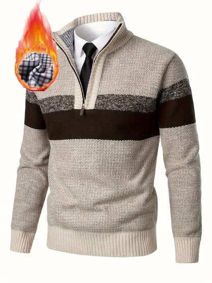 Pull homme tricoté à rayures, col montant zippé, doublure polaire beige et marron