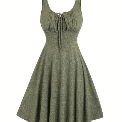 Lässiges Damenkleid mit Ausschnitt und Ösen-Trägern, ausgestellter Frühling-Sommer-Stil  