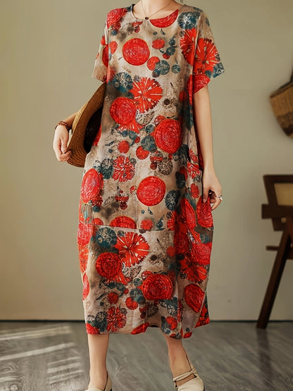 Abito casual a maniche corte da donna stile artistico bohémien ampio con stampa geometrica e botanica
