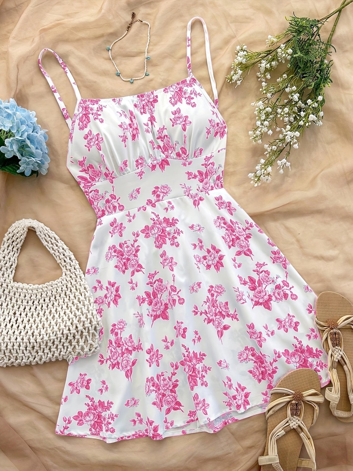 Abito estivo femminile stile elegante a fiori, taglio a trapezio, uso quotidiano o occasione speciale