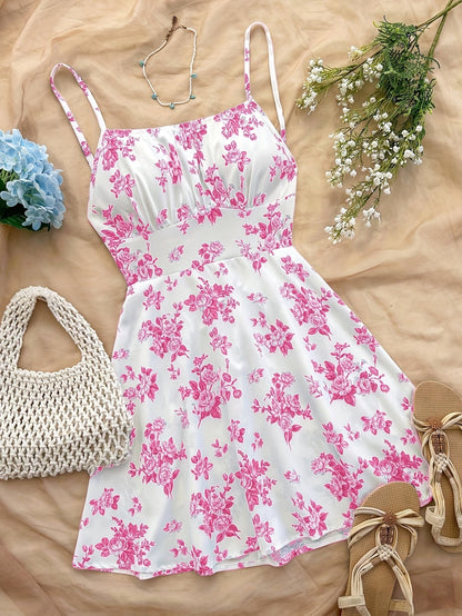 Abito estivo femminile stile elegante a fiori, taglio a trapezio, uso quotidiano o occasione speciale